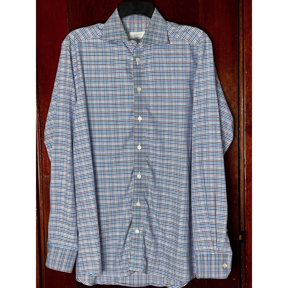 ETON CONTEMPORARY BLUE BROWN WHITE CHECK COTTON SLIM DRESS SHIRT 39/ 15.5